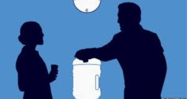 people sharing ideas around the water cooler